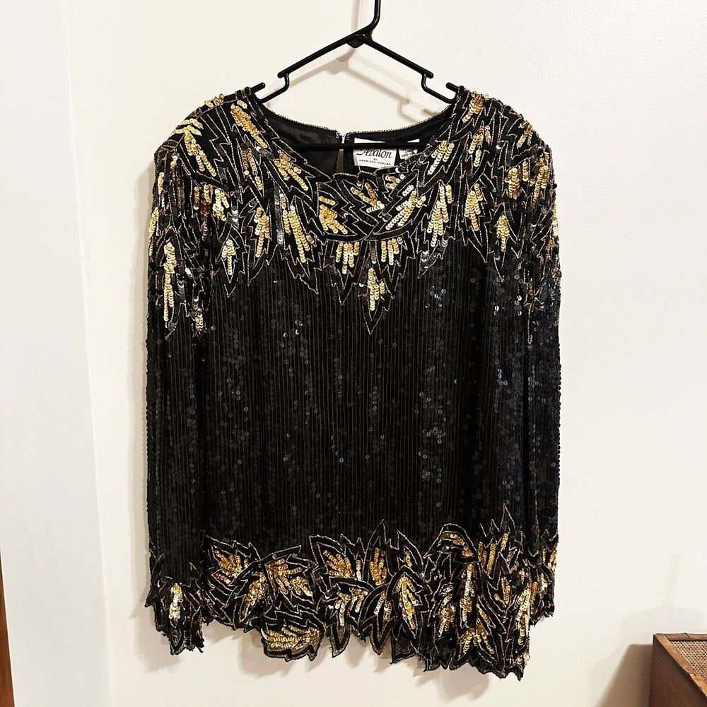 Vintage 1980's Does‎ 1920's Sequins Blouse and Skirt Set Art Deco Black Gold QL